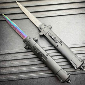 Cuchillo automático de 9 , cuchillo OTF estilo Stiletto italiano, grabado de Damasco